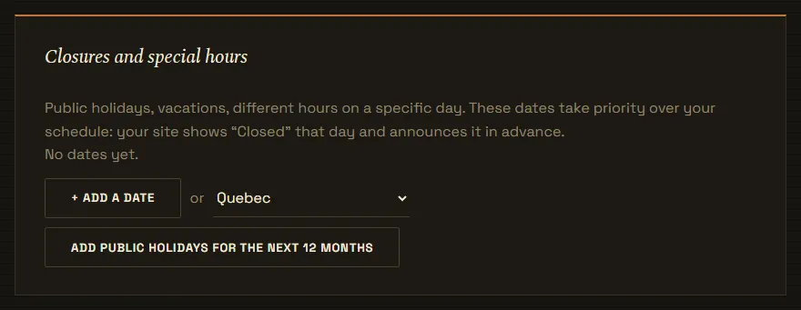 Closures and special hours