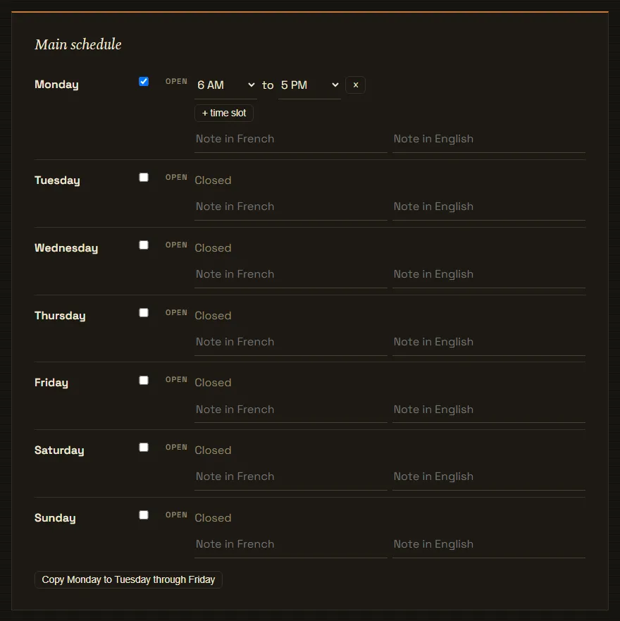 The main schedule, day by day