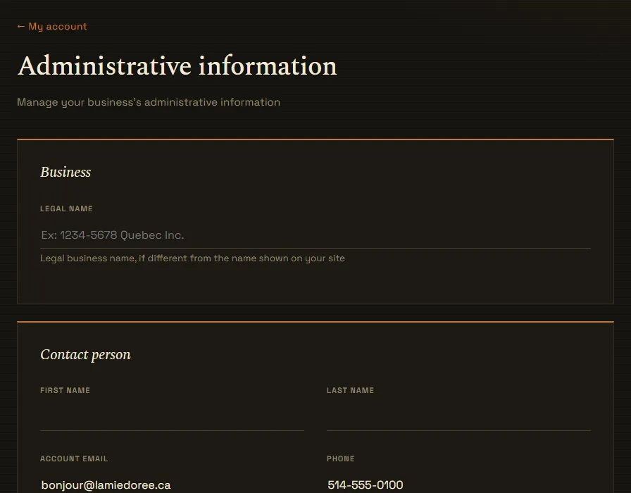 The Administrative information page
