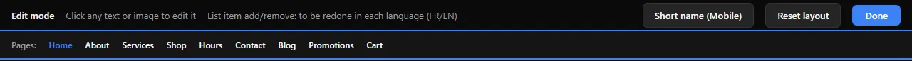 The edit mode bar, with the list of pages