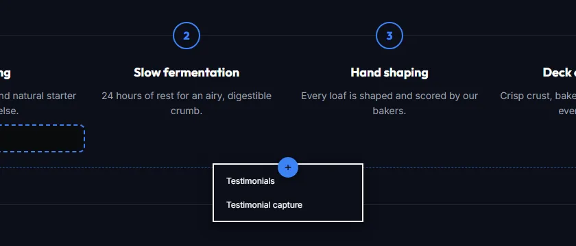 The “+” button open, with the sections offered