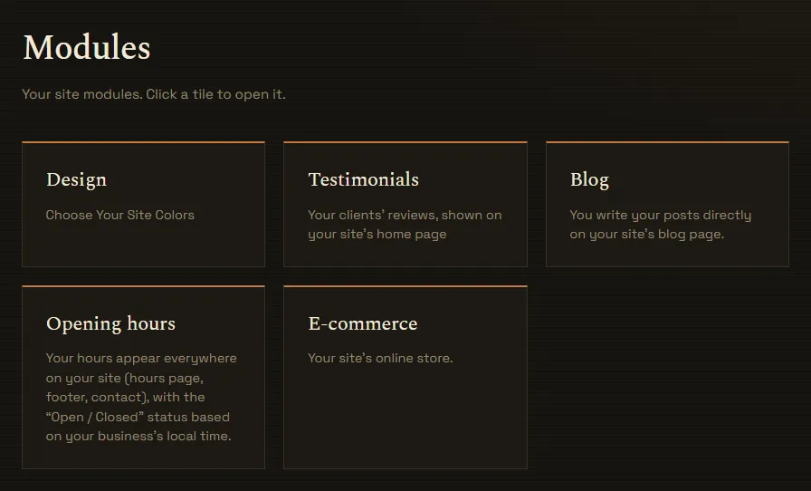 The tiles of the Modules page