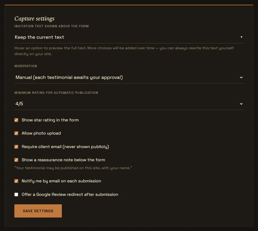 The testimonial capture settings