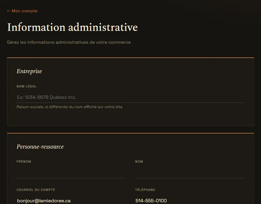 La page Information administrative