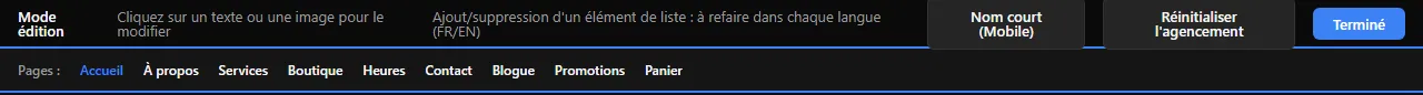 La barre du mode édition, avec la liste des pages