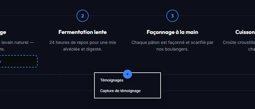 Le bouton « + » ouvert, avec les sections offertes