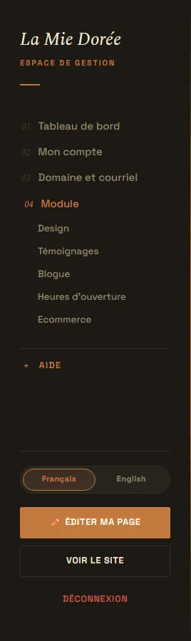 Le menu de l'espace de gestion