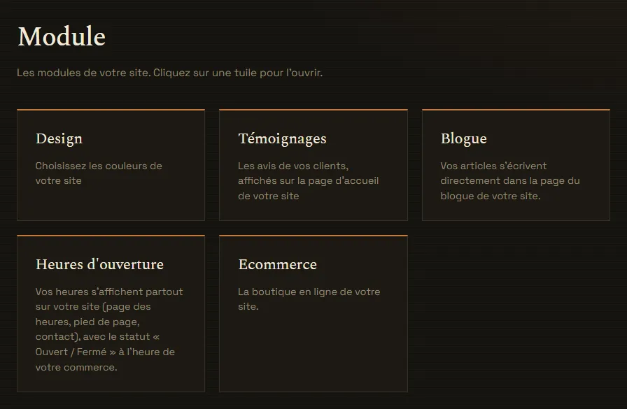 Les tuiles de la page Module
