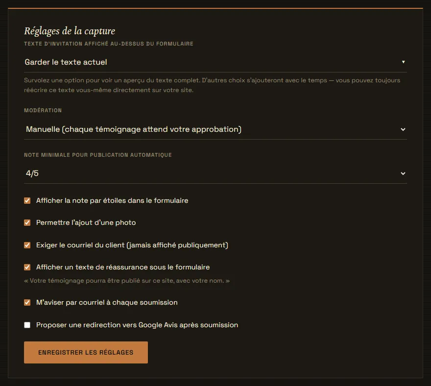 Les réglages de la capture de témoignages