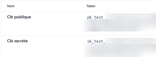 Stripe API keys table, values masked